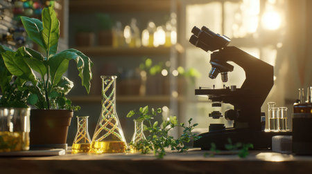 A well-lit laboratory scene featuring a microscope, glassware, and lush plants, capturing the essence of scientific exploration and natural beauty.の素材