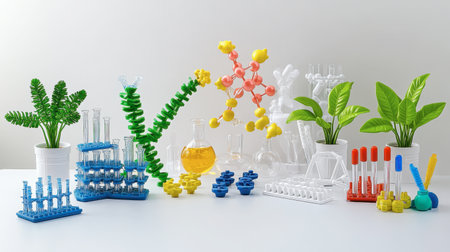 A vibrant arrangement of colorful laboratory equipment alongside lush plants, showcasing a blend of science and nature ideal for education and creativity.の素材