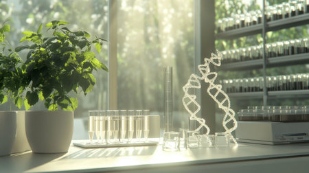 A bright laboratory scene featuring test tubes, a DNA model, and vibrant plants, illustrating innovation and research in biotechnology and genetic studies.の素材