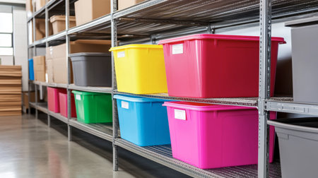 Vibrant plastic bins in various colors arranged on metal shelves in a modern storage facility. Ideal for organization and tidiness in any workspace.の素材
