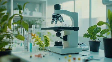 A well-equipped laboratory featuring a modern microscope and green plants, symbolizing the fusion of science and nature in research and discovery.の素材