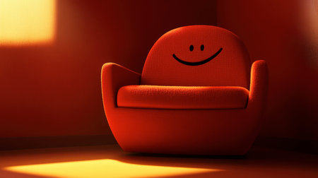 A vibrant orange couch with a playful smile, illuminated by warm light. Perfect for cozy home settings or cheerful interior design themes.の素材