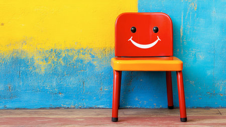 This playful chair features a cheerful design with a smiling face, set against a vibrant blue and yellow wall. Perfect for kids' rooms or decor.の素材