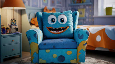 This playful monster-themed armchair enhances any children's room with its vibrant colors and cheerful design, making a cozy seating option for kids.の素材