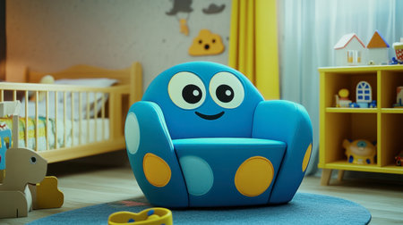 This adorable blue children's chair adds a cheerful touch to any playroom or nursery, featuring friendly design elements perfect for fun and comfort.の素材