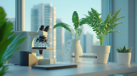 A modern laboratory workspace features a microscope surrounded by vibrant plants, creating a harmonious blend of nature and science, perfect for research.の素材