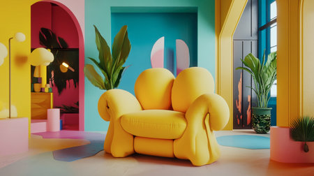 A vibrant yellow couch stands out in a playful, colorful interior space, featuring modern design elements and lush greenery for a lively atmosphere.の素材