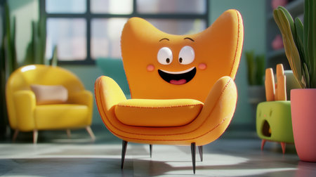 A vibrant and playful yellow armchair character with a cheerful smile, perfect for embodying fun in interior design. Ideal for creative projects.の素材