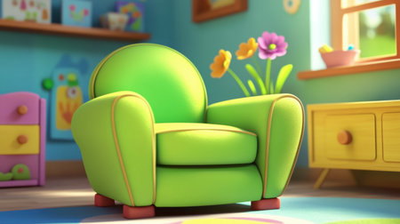 A vibrant green armchair stands in a bright playroom, surrounded by colorful decor and playful elements, creating a cheerful and inviting atmosphere.の素材