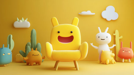 A vibrant and playful scene featuring cute characters around a bright yellow chair. Perfect for children's decor or playful design projects.の素材