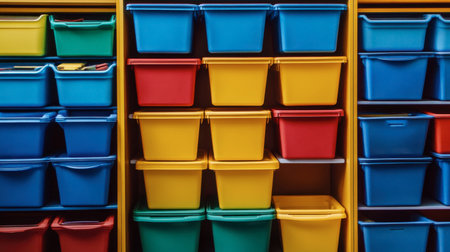 Vividly colored plastic storage bins arranged neatly on shelves, ideal for organization in homes or classrooms. A perfect solution for efficient space use.の素材