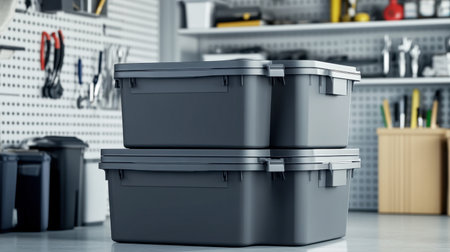 Two gray plastic storage containers stacked in a modern workshop, perfect for keeping tools and supplies organized in a clean and efficient workspace.の素材