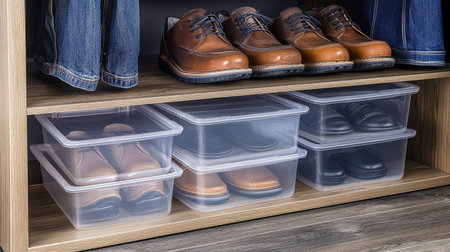A modern closet showcasing organized footwear storage with clear boxes. The stylish arrangement includes casual and formal shoes, complemented by denim.の素材