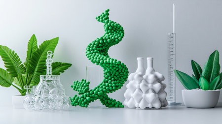 A creative arrangement of a green model surrounded by laboratory tools and decorative plants. Perfect for themes of science, innovation, and nature in modern design.の素材