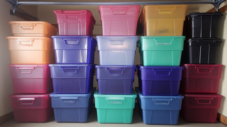 A collection of colorful plastic storage bins arranged neatly on a shelf. Perfect for home organization, these durable containers help reduce clutter and maintain tidy spaces.の素材