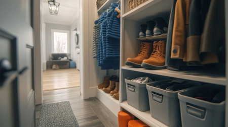 A well-organized entryway showcasing shoes, boots, and coats neatly stored on shelves. The inviting space emphasizes warmth and functional design.の素材