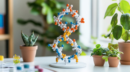 A colorful DNA model displayed in a bright workspace with indoor plants, representing the intersection of science, education, and nature in a vibrant setting.の素材