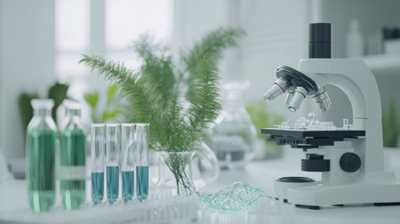 A close-up view of laboratory equipment with a microscope, glassware, and green plants, showcasing a clean and modern research environment focused on scientific exploration.の素材