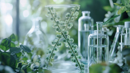 A serene composition featuring a green hourglass surrounded by lush plants and test tubes, symbolizing the connection between nature and science in a tranquil environment.の素材