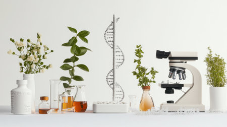 A modern laboratory scene featuring a microscope, DNA model, various glassware, and fresh plants. This clean setup highlights the intersection of nature and science.の素材