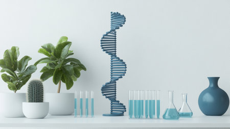 A modern laboratory scene featuring a blue DNA model alongside test tubes and plants. The aesthetic blends science with nature, showcasing a clean and innovative workspace.の素材
