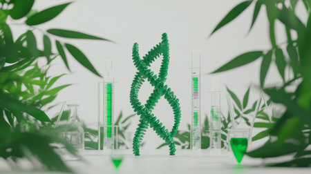 A captivating green science concept featuring a DNA structure surrounded by laboratory equipment and plants, symbolizing innovation and nature's role in research.の素材