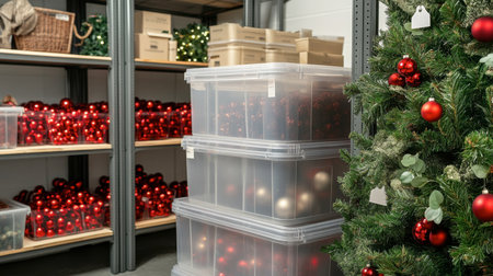 A cozy storage area filled with Christmas decorations, including red ornaments and a festive tree, ready for the holiday season organization.の素材