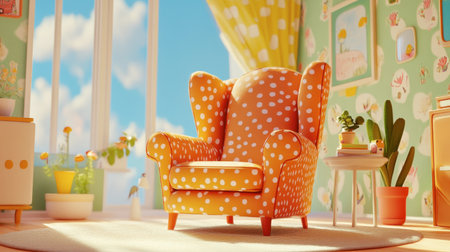 A bright and inviting living room features a cozy polka dot armchair, bathed in sunlight and surrounded by cheerful decor, plants, and vibrant colors.の素材