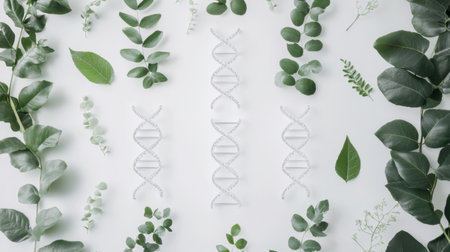 A captivating arrangement of DNA structures and greenery, symbolizing the connection between nature and science. Ideal for themes of health, biology, and wellness.の素材