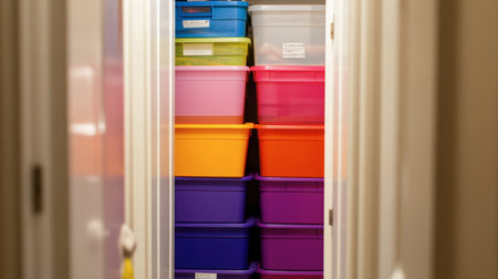 A view of a closet filled with vibrant storage bins in various colors. Perfect for adding a splash of color to organization and maximizing space.の素材