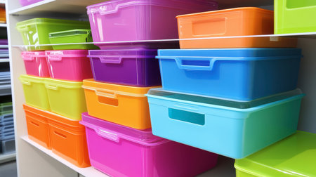 A collection of colorful plastic storage bins arranged on shelves, showcasing vibrant organization solutions ideal for home or office spaces.の素材