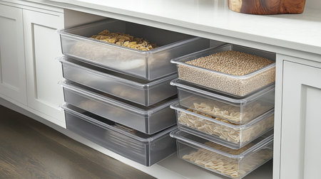 An organized kitchen storage solution featuring clear containers holding various dry goods, promoting accessibility and a tidy space in modern homes.の素材