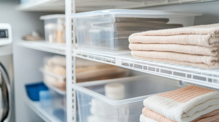 Bright and organized shelves featuring neatly folded towels and clear storage containers, perfect for a clean and functional laundry room or bathroom space.の素材