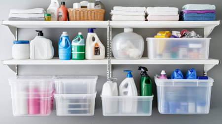Neatly organized cleaning supplies are displayed on shelves, showcasing an efficient storage solution for household necessities. Perfect for home organization themes.の素材