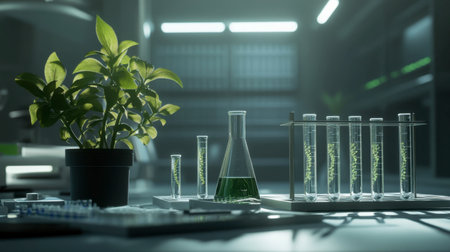 A modern laboratory scene featuring a potted plant alongside various glassware filled with green liquid. The arrangement highlights the intersection of nature and science, emphasizing research and innovation.の素材