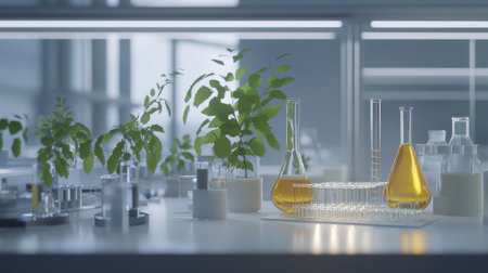A serene laboratory scene featuring glassware filled with colorful liquids, surrounded by healthy plants. Perfect for science and research themes.の素材
