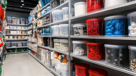 A vibrant aisle filled with various craft supplies in transparent containers. This organized retail space showcases materials for seasonal decorations and creative projects.の素材