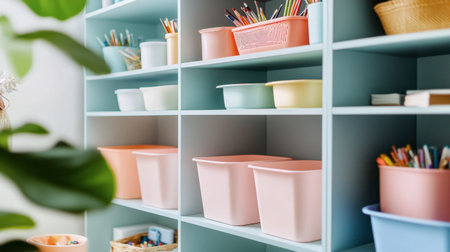Bright and colorful storage bins organize a modern classroom, creating an inviting space for learning. Ideal for showcasing organization and decor.の素材