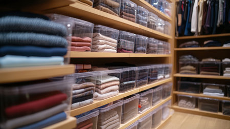 Discover an organized closet showcasing modern storage solutions with neatly arranged clothes and accessories in clear bins, perfect for maximizing space and efficiency.の素材