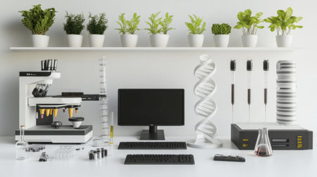 A contemporary laboratory setup featuring essential scientific equipment alongside vibrant greenery, promoting a fresh and innovative research environment.の素材