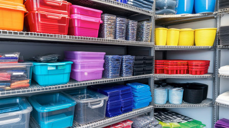 Vibrant storage containers arranged neatly on shelves create an organized space perfect for homes or offices. Ideal for showcasing color and efficiency.の素材