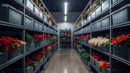 A well-organized floral storage room featuring vibrant rows of potted colorful plants and flowers. Ideal for showcasing gardening and decor themes.の素材