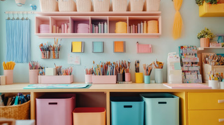 A bright and colorful craft room featuring organized supplies, including pens, pencils, and markers, set against a cheerful pastel backdrop. Perfect for creative inspiration.の素材
