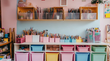 A vibrant and organized workspace featuring colorful art supplies. Perfect for craft projects or educational activities, this creative environment inspires imagination and creativity.の素材