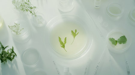A serene arrangement of fresh herbs and laboratory equipment, showcasing natural beauty and scientific exploration. Ideal for themes of health and wellness.の素材