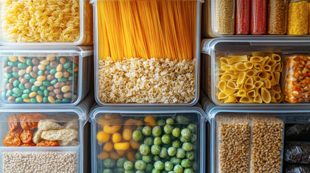 A vibrant array of dried pasta and grains organized in clear containers, showcasing various shapes and colors. Perfect for culinary inspiration and kitchen organization.の素材