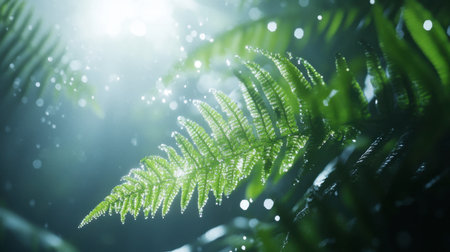 This captivating image features vibrant green ferns illuminated by soft light, surrounded by a mystical mist. Ideal for conveying themes of nature and tranquility.の素材