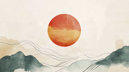 This abstract illustration features a serene landscape with a warm sunset and soft mountains, creating a tranquil and minimalist atmosphere perfect for various artistic projects.の素材
