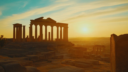 Captivating view of ancient ruins silhouetted against a vibrant sunrise, showcasing timeless architecture amidst a picturesque landscape. Perfect for travel enthusiasts.の素材