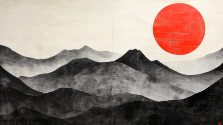 An abstract illustration featuring a vibrant red sun setting behind layered black mountains, creating a serene and minimalist landscape ideal for modern decor.の素材